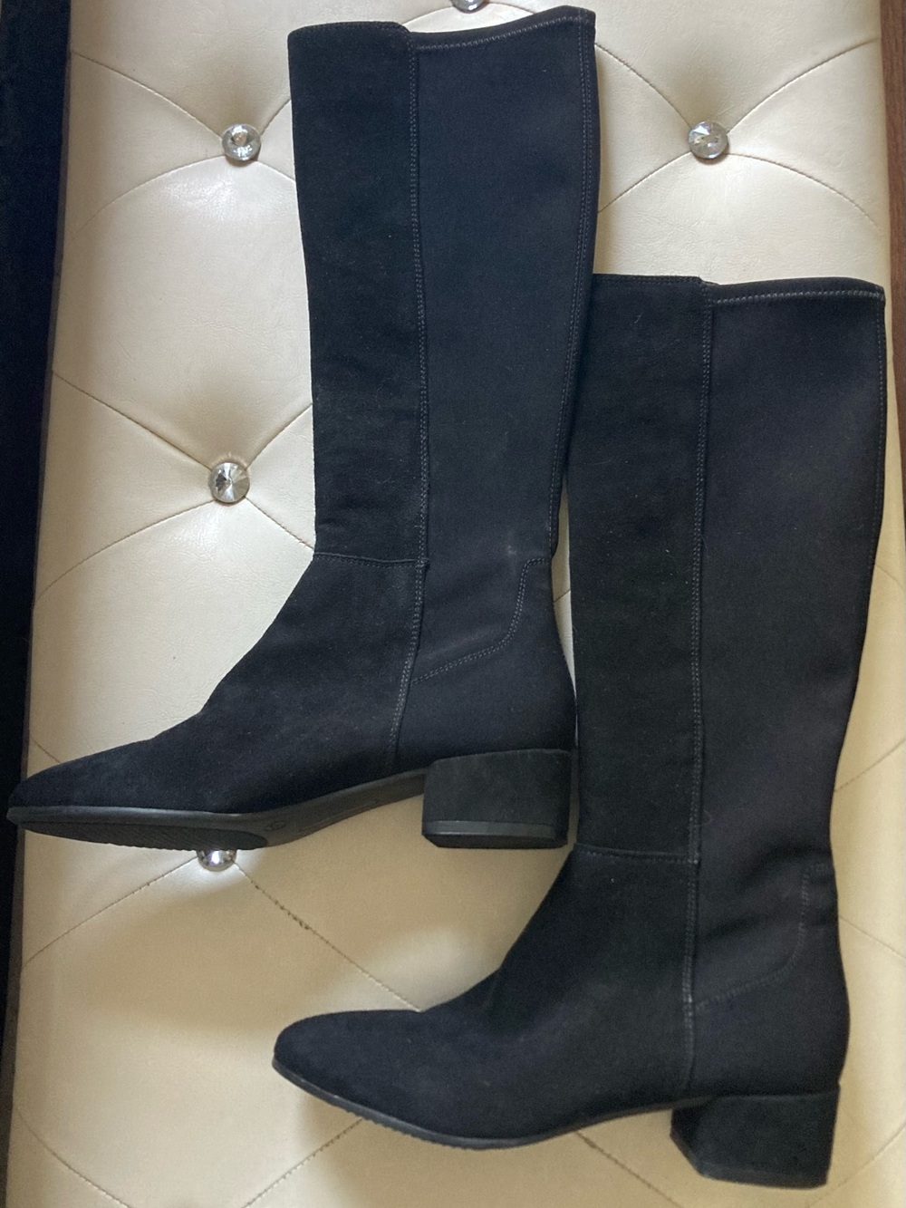 Black Knee-High Suede Block Heel Boots - Women